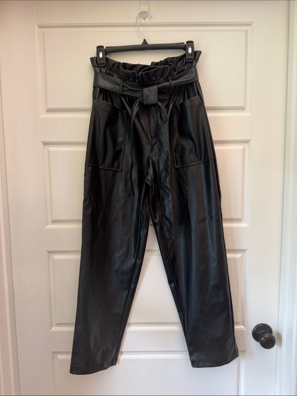 Who What Wear Black Faux Leather Paperbag Waist Pants with Tie